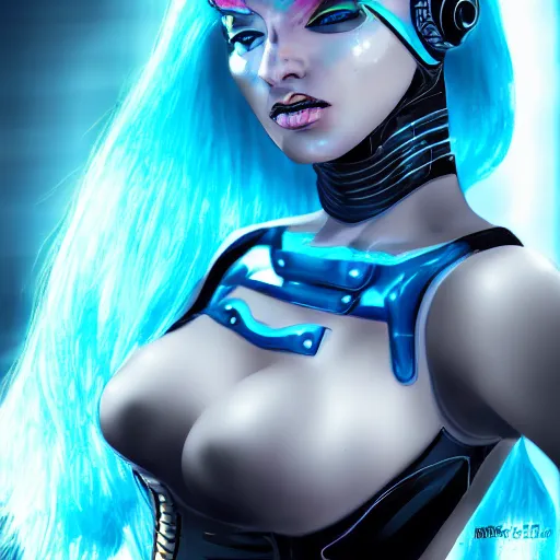 Prompt: beautiful futuristic cyber punk woman, photo realistic, hyper detailed, comic book illustration, blue hair, voluptuous