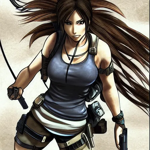 Image similar to “A high quality, full body, anime illustration of Lara Croft, from Tomb Raider Legend, created by Hiro Mashima”