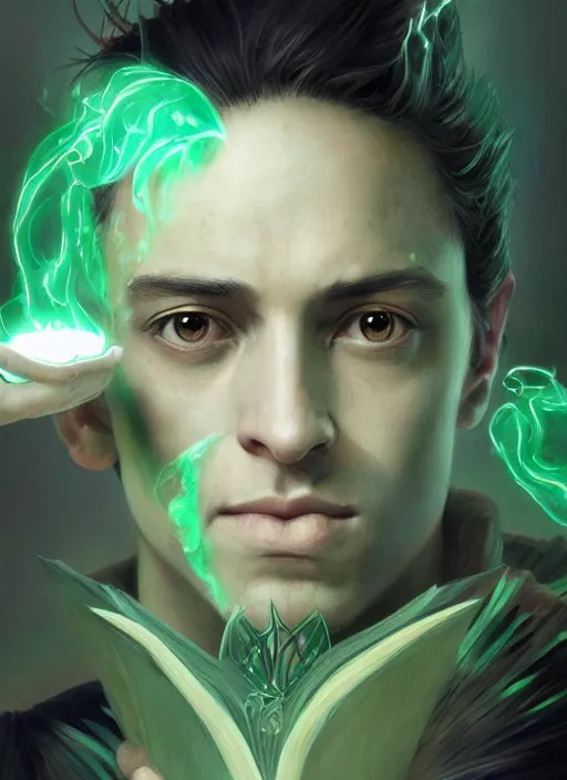 Image similar to character concept portrait of an attractive young Spanish wizard with green eyes and powder-green skin conjuring a cosmic spell, a floating iridescent spell book in the center, intricate, elegant, digital painting, concept art, smooth, sharp focus, illustration, from Metal Gear, by Ruan Jia and Mandy Jurgens and William-Adolphe Bouguereau, Artgerm