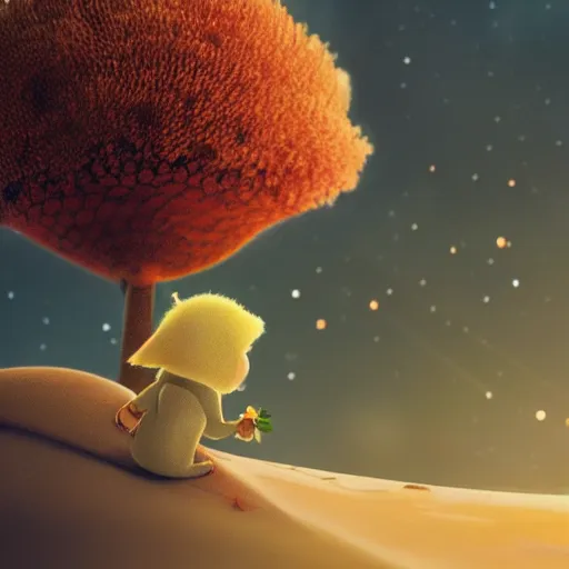 Image similar to the little prince with his rose illustration, bokeh, octane render, award winning