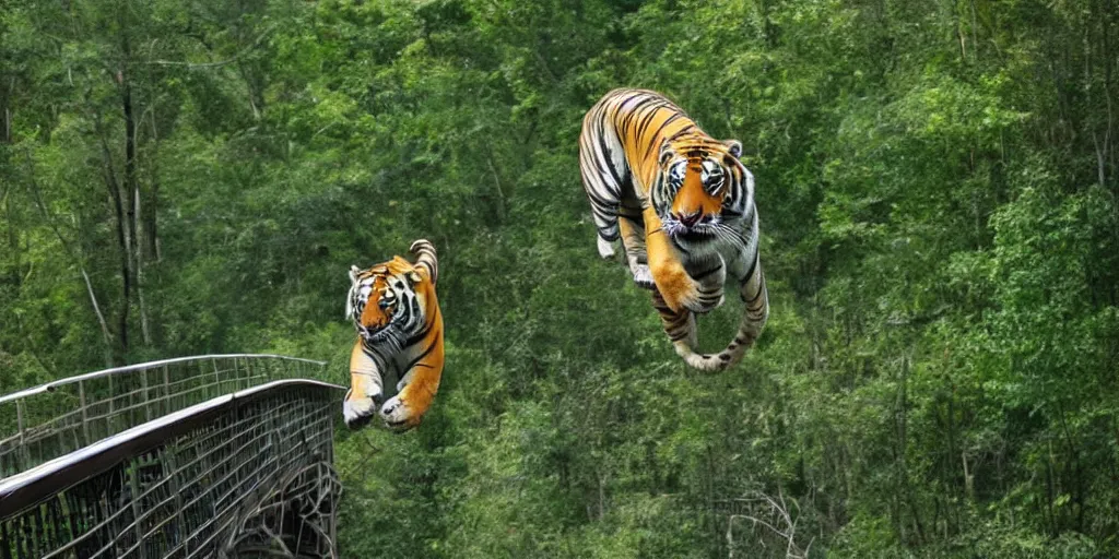 Prompt: a tiger running on a suspended bridge