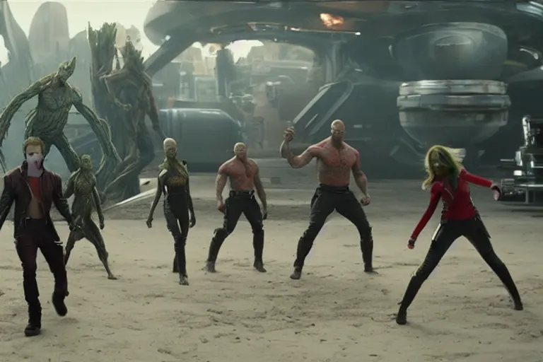 Prompt: VFX movie closeup guardians of the galaxy and the avengers fight scene by Emmanuel Lubezki