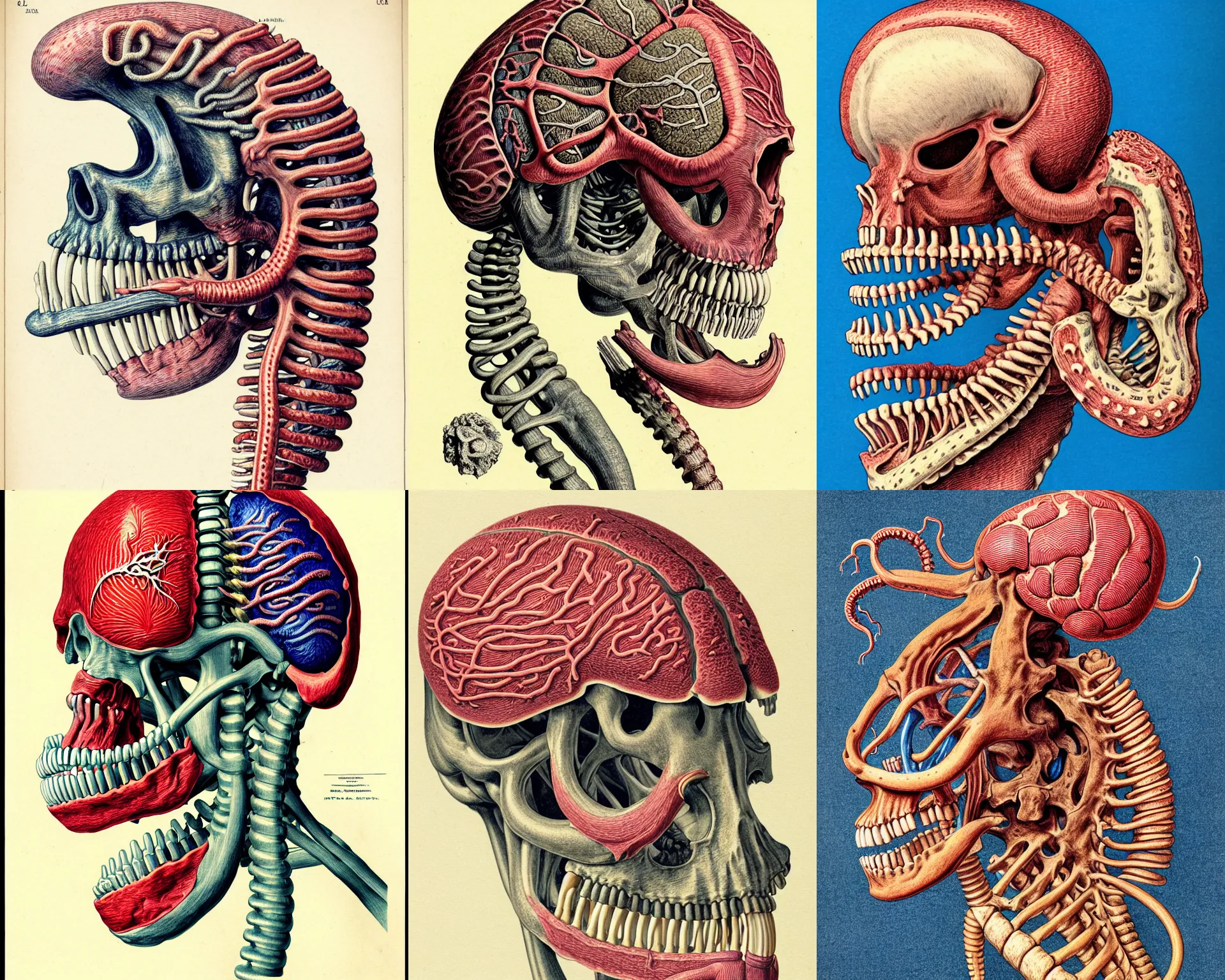 Prompt: hyper-detailed color pencil antique medical illustration of Kaiju head cross-section, nautilus brain, ribcage, xhenomorph, with tentacles coming out of open mouth and exposed jaw bone, cervical spinal column, vertebra, arteries, cerebral corpus callosum, interventricular foramen, symmetrical