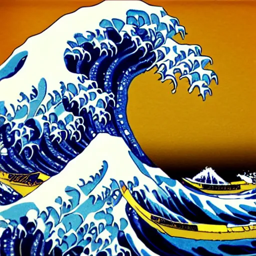 Prompt: great wave off kanagawa in the style of jean michel-basquiat