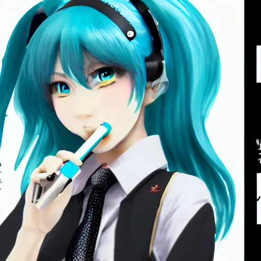 Image similar to hatsune miku smoking a vape pen in her right hand | smoke coming out of her mouth, artstation, 4 k