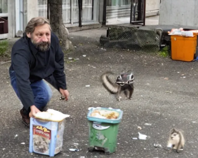 Image similar to slavoj zizek battling with a racoon for food in a trash container in the street