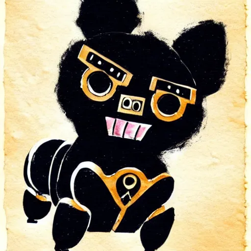 Image similar to a cute black robot pomeranian!!!. ( ( ( alcohol ink on parchment, muted colors, shading!!!, detailed, textured parchment background, 1 9 5 0 s concept art ) ) )