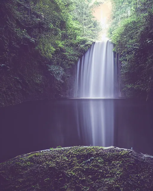 Image similar to a magical dam in the middle of a lush forest at night, minimalist design, architectural photography, dark and dim lighting, beautiful, tranquil, moody, cinematic, fantasy, 3 5 mm lens, volumetric lighting, first person view, photographic render, hyper realistic