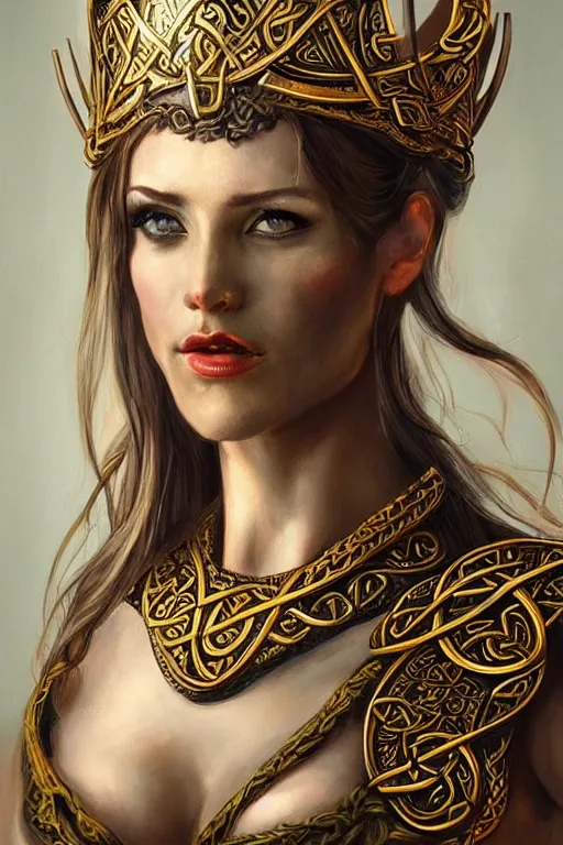 Prompt: portrait painting of the beautiful posing celtic warrior queen with sexy neckline and with traditional celtic face painting, by bobeggleton, concept art, trending on artstation. glowing, ornate and intricate, stunning, dynamic lighting, intricate and detailed.