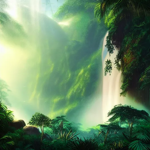 Prompt: great jungle turquiose waterfall, highly detailed, mist, god rays, cinematic, cinematic lighting, ultra details, cinematic, digital painting, artstation