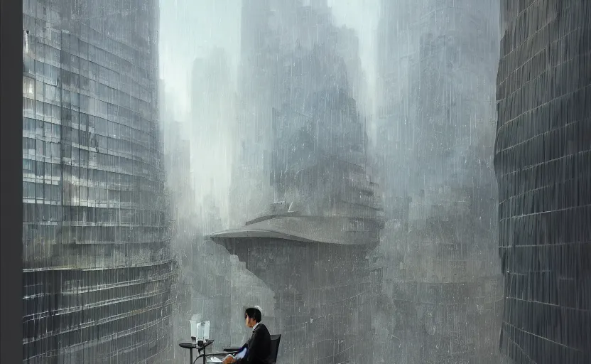 Image similar to elegant man drinking coffee at balcony in guangzhou, city with detailed zaha hadid building seen behind, late night raining, highly detailed characters, by greg rutkowski, alphonse mucha, beeple, sharp focus, digital art, smooth, light refraction, pixiv art, volumetric lighting