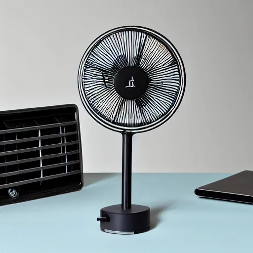 Image similar to desk fan with a funnel attached to the back leading to the top of the room