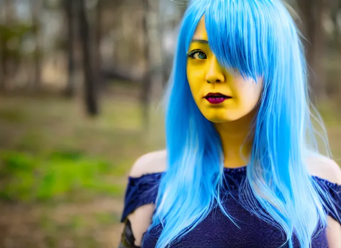 Image similar to dslr portrait photo still of rimuru tempest with blue hair and yellow!!! eyes!!!, 8 k, 8 5 mm f 1. 8