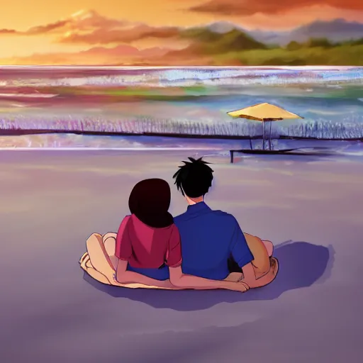 Prompt: an anime couple relaxing on the beach, advanced digital art