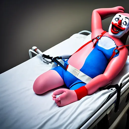 Image similar to confused laughing clown lying in hospital bed with wrist restraints on, restraint fabric straps attached to hospital bed, photograph, 8 k