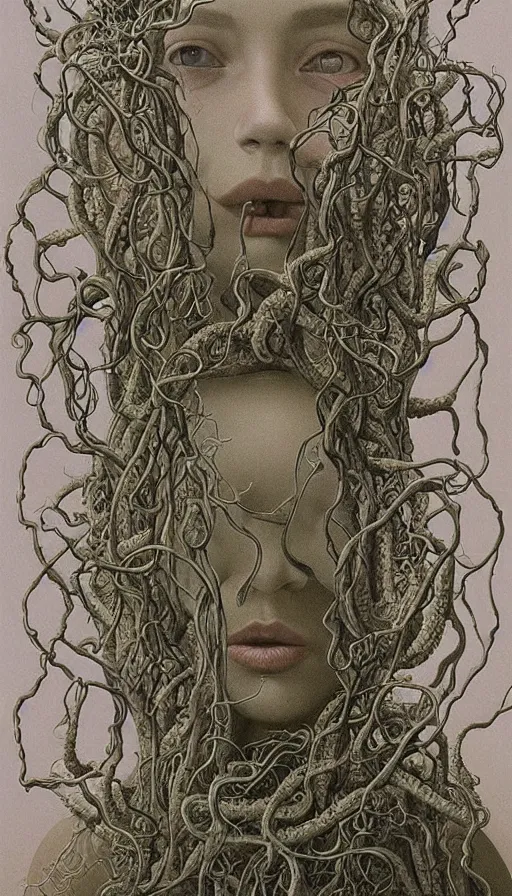 Image similar to very detailed portrait of a 2 0 years old girl surrounded by tentacles, the youg woman visage is blooming from fractal and vines, by zdzisław beksinski