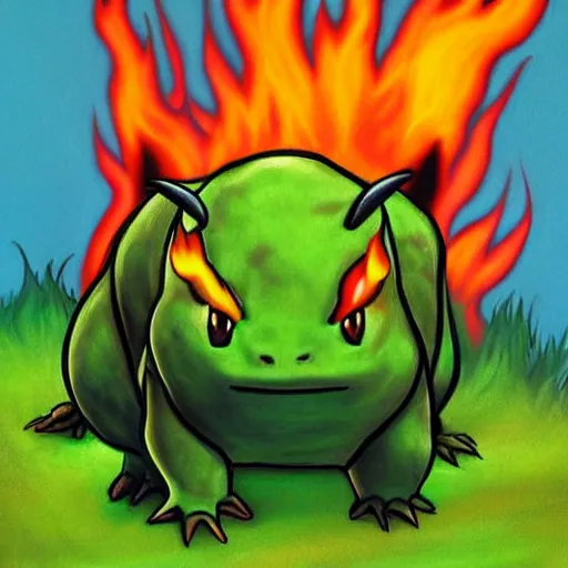 Prompt: a bulbasaur with fire powers, painting, realistic,lava background
