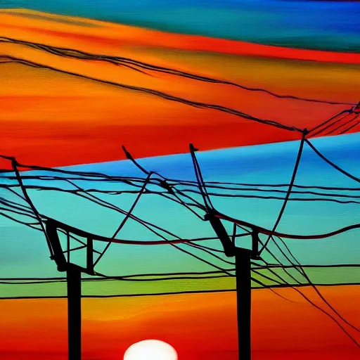 Image similar to colorful bouncing wires on power lines at sunset, beautiful painting, realistic, 4 k, trending on artstation