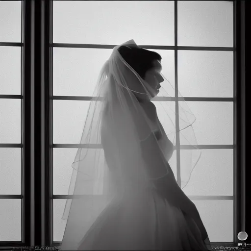 Image similar to Photorealistic portrait of a woman model wearing a wedding veil, looking out the window, dramatic lighting, 55mm