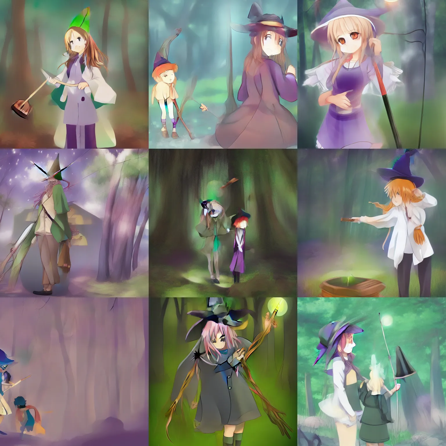 Prompt: anime girl in witch hat and lab coat hexing in forest on a broom