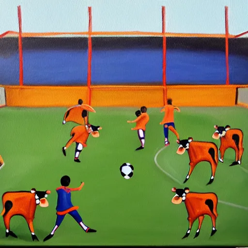 Image similar to painting of soccer game played by cows