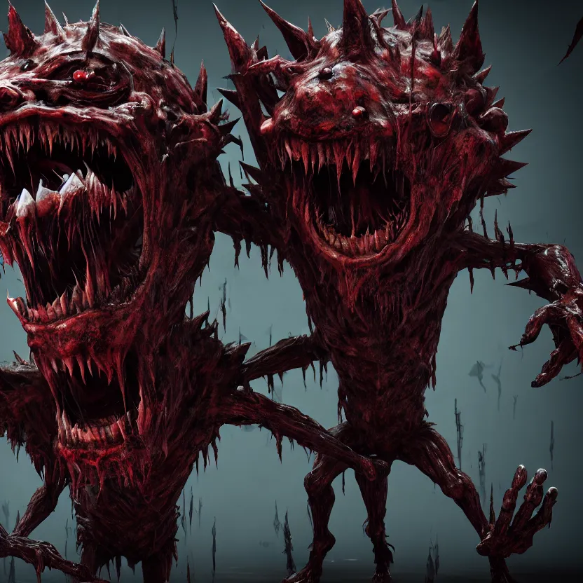 Prompt: art screaming nightmare creature with long sharp teeth and compound eyes, horror game graphics, horror monster design concept art, 4k, octane render, unreal render, indie video game horror