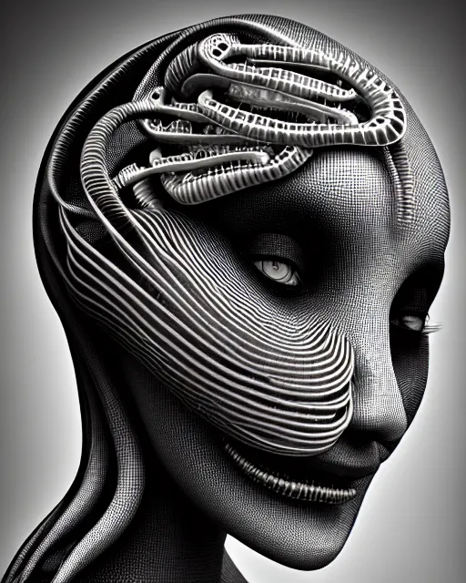 Image similar to mythical black and white organic biomechanical spinal ribbed face portrait detail of mechanical beautiful female vegetal-cyborg, highly detailed, intricate ornate, poetic, 3D render, digital art, octane render, 8K artistic photography, photo-realistic, by Man Ray