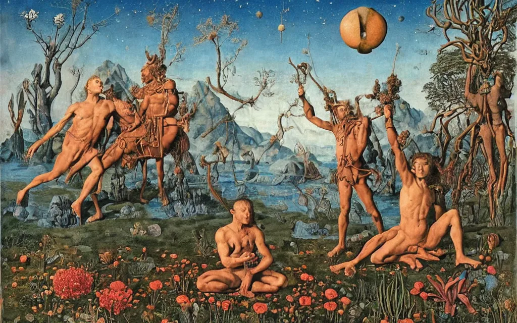 Image similar to a portrait photograph of a meditating satyr and a centaur monk riding a rocket machine and hunting at a river delta. surrounded by bulbous flowers and trees. mountain range under a blue sky of fiery stars. by jan van eyck, max ernst, ernst haeckel, ernst fuchs and artgerm, cgsociety, fashion editorial, 8 k