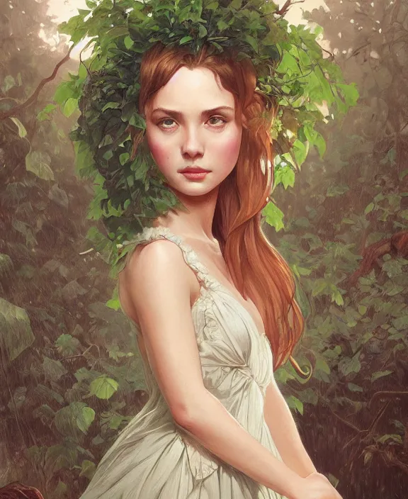 Prompt: teen girl in dress made of leaf, realistic portrait, highly detailed, digital painting, artstation, concept art, smooth, sharp focus, illustration, cinematic lighting, art by artgerm and greg rutkowski and alphonse mucha and boris vallejo and frank frazetta