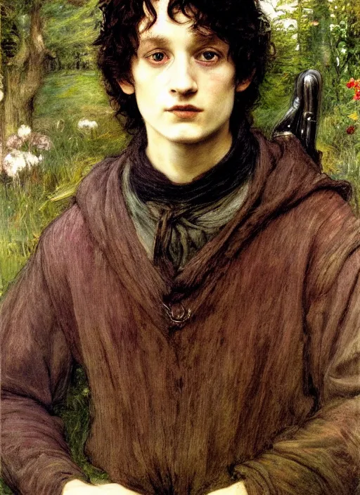 Prompt: a beautiful painting of frodo by John Everett Millais and Dante Gabriel Rossetti and John Collier and john william waterhouse, pre-raphaelite, detailed, trending on artstation, hd, masterpiece