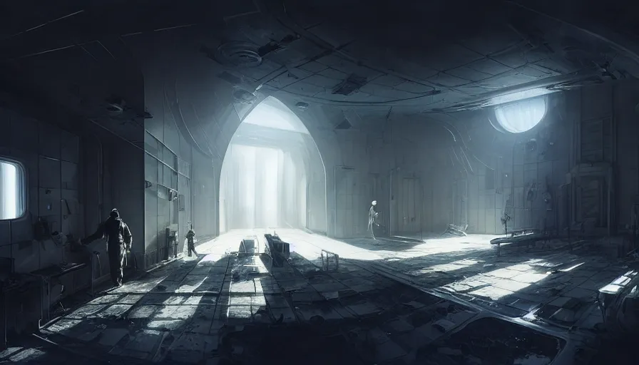 Image similar to high tech nomands exploring abandoned laboratory on moon, lunar station, space race, scifi, dark scifi, space horror, light, shadows, reflections, steam, epic composition, intricate, elegant, volumetric lighting, digital painting, highly detailed, artstation, sharp focus, illustration, concept art, ruan jia, steve mccurry