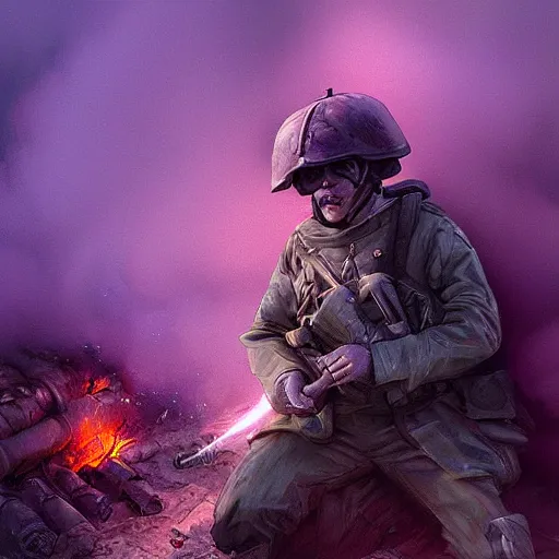 Image similar to a soldier in a trench receiving artillery fire, purple smoke, digital art artstation