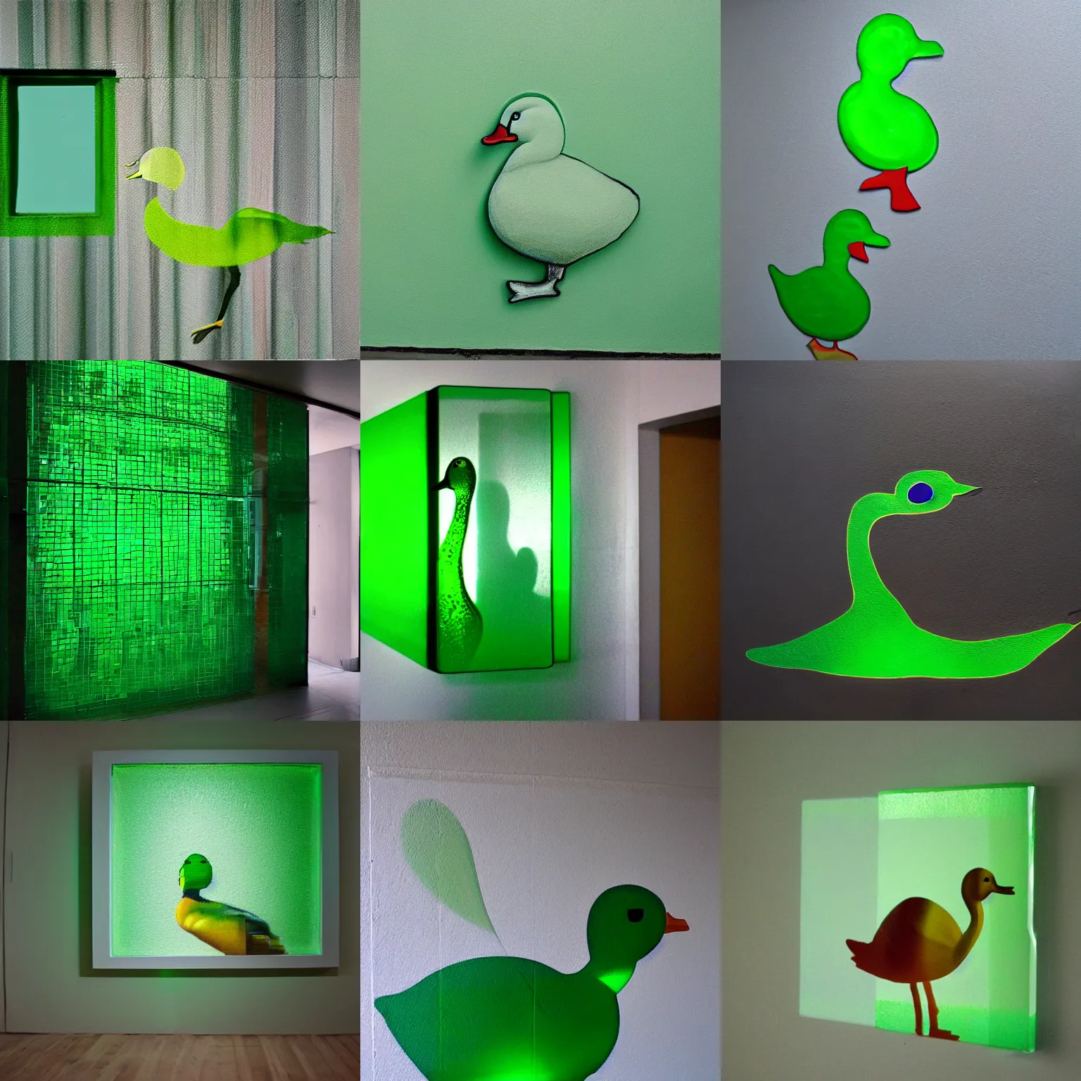 Prompt: painting on wall is refracted through green translucent glass duck