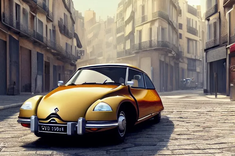 Image similar to a wholesome beautiful animation key shot of!! one!! focused!! 1 9 7 4 citroen ds!! in a paris street, medium wide shot, studio ghibli, ( pixar ) and disney animation, sharp, very detailed, high resolution, rendered in unreal engine 5, anime key art by greg rutkowski, bloom, dramatic lighting