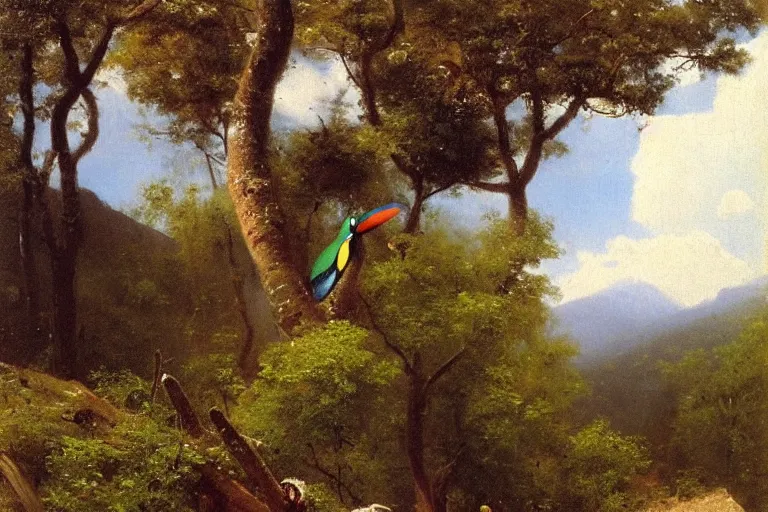 Prompt: Albert Bierstadt painting of a toucan in the mountains, 1900s oil painting