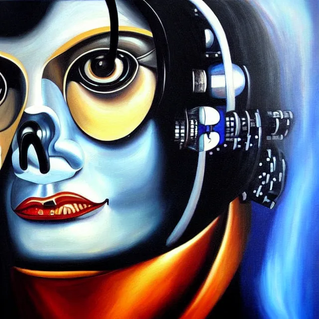 Prompt: a beautiful painting cyberpunk robot michael jackson face, by salvador dali realistic oil painting