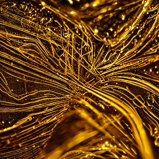 Image similar to macro photography of gold threads on dark liquid forming a neural network, photoreal, intricate textures, hyper real