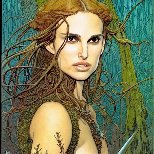 Prompt: a realistic, very beautiful and atmospheric portrait of a young and lithe natalie portman as a druidic warrior wizard looking at the camera with an intelligent but seductive gaze by rebecca guay, michael kaluta, charles vess and jean moebius giraud