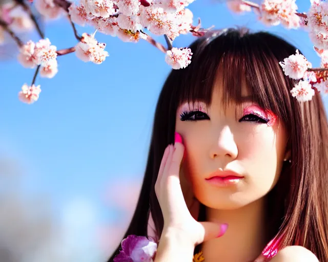 Prompt: portrait of an japanese gyaru with beautiful face and modern clothes, sakura blooming in the background, bokeh, depth of field