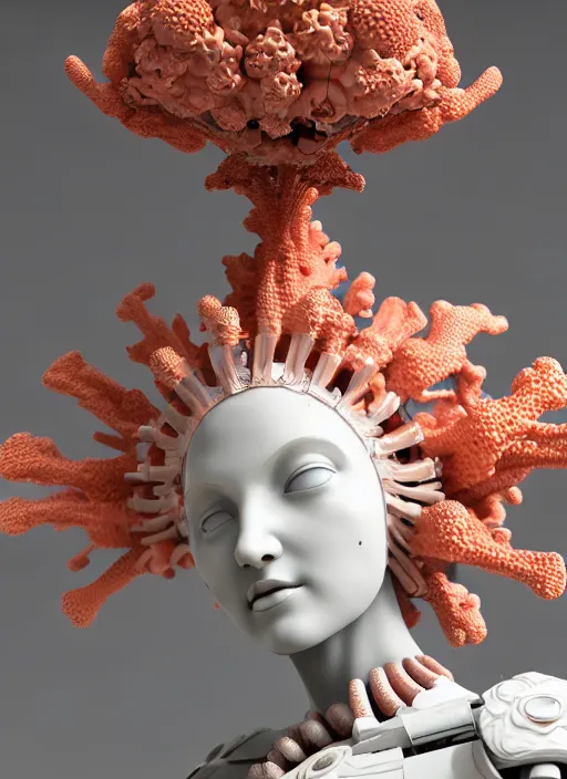 Image similar to biomechanical coral headdress, daisies, well contoured smooth fair walls with marble statue, carrying a bottle of perfume, up close shot, sharp focus, global illumination, radiant light, alexandre ferra white mecha, irakli nadar, octane highly render, 4 k, ultra hd,