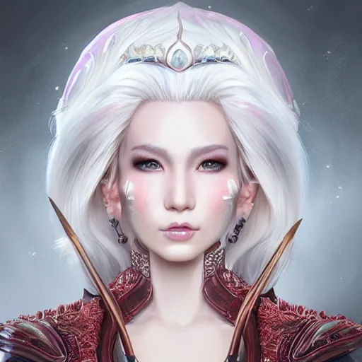 Image similar to fantasy portrait of a young beautiful veteran female queen with white hair , scars on her face , determined expression , made by Stanley Artgerm Lau, WLOP, Rossdraws, ArtStation, CGSociety, concept art, cgsociety, octane render, trending on artstation, artstationHD, artstationHQ, unreal engine, 4k, 8k,