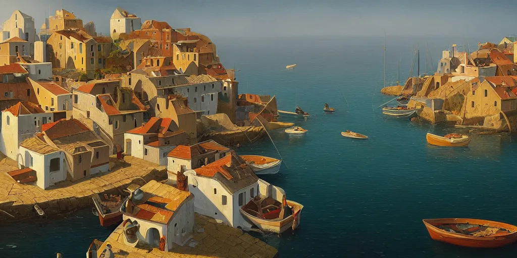 Prompt: A detailed, precise oil painting of a beautiful Mediterranean fishing village by Michiel Schrijver, isometric, surreal