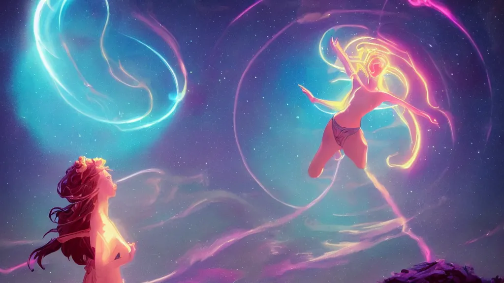 Image similar to a beautiful whimsical goddess floating above a lake basking in the moonlight, firebending, underneath a multi-colored binary blackhole with an accretion disc, glowing trails following her arms, synthwave, by Lois van Baarle, by Greg Rutkowski, by artgerm, by beeple, by studio ghibli, cinematic angle, volumetric lighting, 4k resolution, octane render, trending on artstation, masterpiece