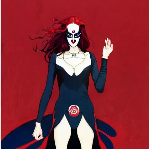 Image similar to Joshua Middleton comic art, wide shot, stunning elegant female Eva Green, kabuki mask, beautiful evil sneer, symmetrical face, symmetrical eyes, leather clothing and boots, long straight red hair, full body, Indigo occult pattern