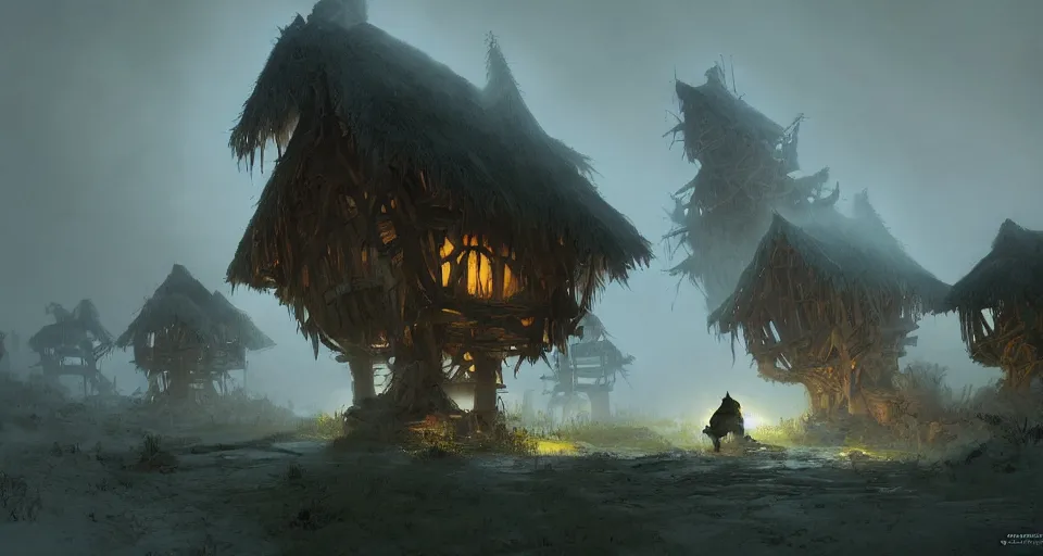 Image similar to one single big giant ogre troll. attacks wooden village houses. Destruction dust and fog. Atmospheric beautiful by Eddie mendoza and Craig Mullins. volumetric lights