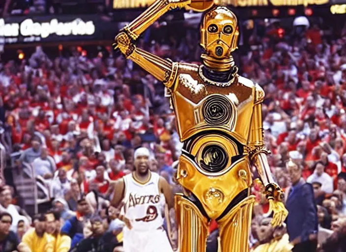 Image similar to ESPN still of C-3PO playing in the nba playoffs live on espn, 4k