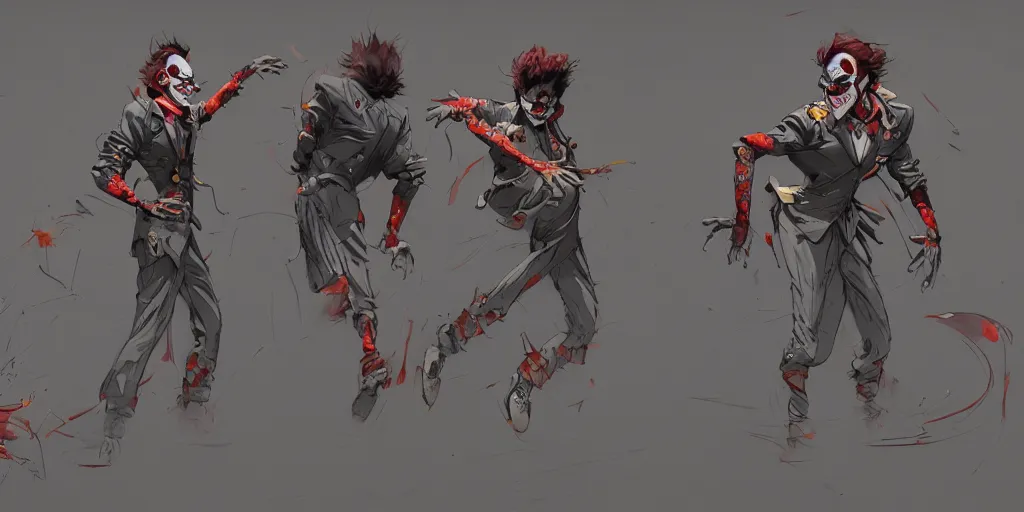 Image similar to cartoonish joker dancing in the night, vivid colors, character sheet, fine details, concept design, contrast, kim jung gi, greg rutkowski, enki bilal, trending on artstation, 8 k, full body, turnaround, front view, back view, ultra wide angle