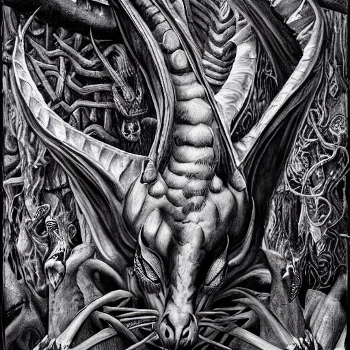 Image similar to a portrait of a dark music dragon, detailed, fantasy, scary, realistic, frightening, ornate, horns, spikes, incredible, masterpiece, amazing, wow!, sense of awe, award winning, greg rutowski, bosch, mc escher, dali