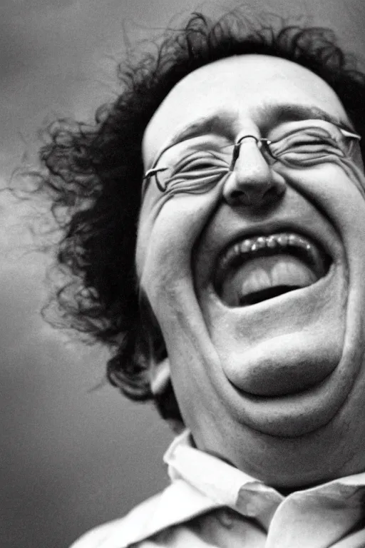 Prompt: close - up, photography of coluche laughing, photography of pierre desproges laughing, clouds everywhere