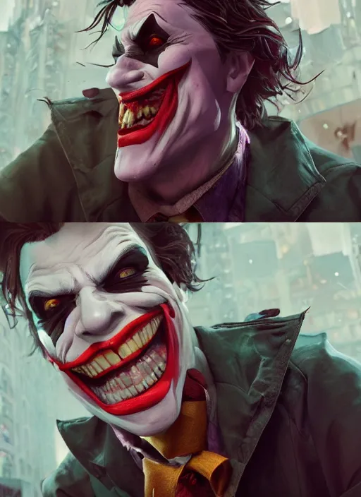 Image similar to impostor jerma as joker, hyper detailed, digital art, trending in artstation, cinematic lighting, studio quality, smooth render, unreal engine 5 rendered, octane rendered, art style by klimt and nixeu and ian sprigger and wlop and krenz cushart.